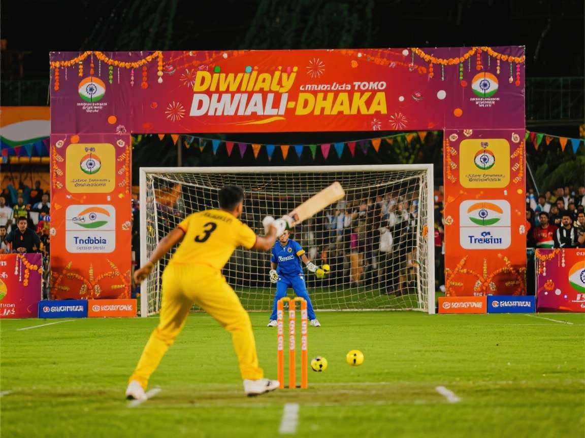 Cricket Handball Fusion India Diwali event Cricket Handball Fusion India Diwali special event with players in traditional Indian attire and firecracker effects